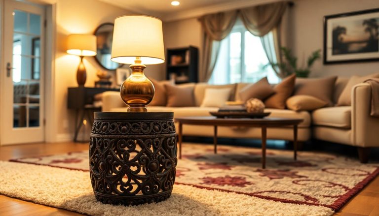 Tabouret décoratif dans le salon avec une lampe dessus