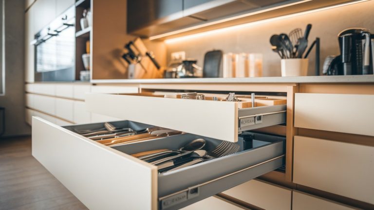 tiroirs astucieux de rangement dans une cuisine